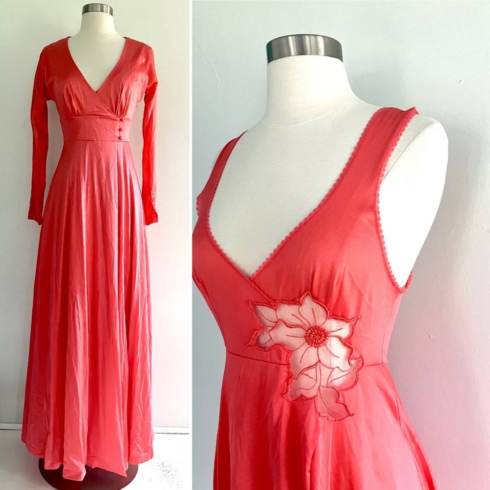 Vintage 70’s coral red orange lace flower slip gown dress & robe jacket set